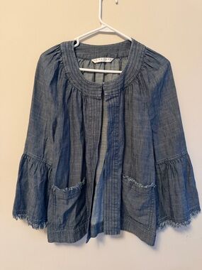 Trina Turk Chambray Open Front Jacket with Frayed Pockets